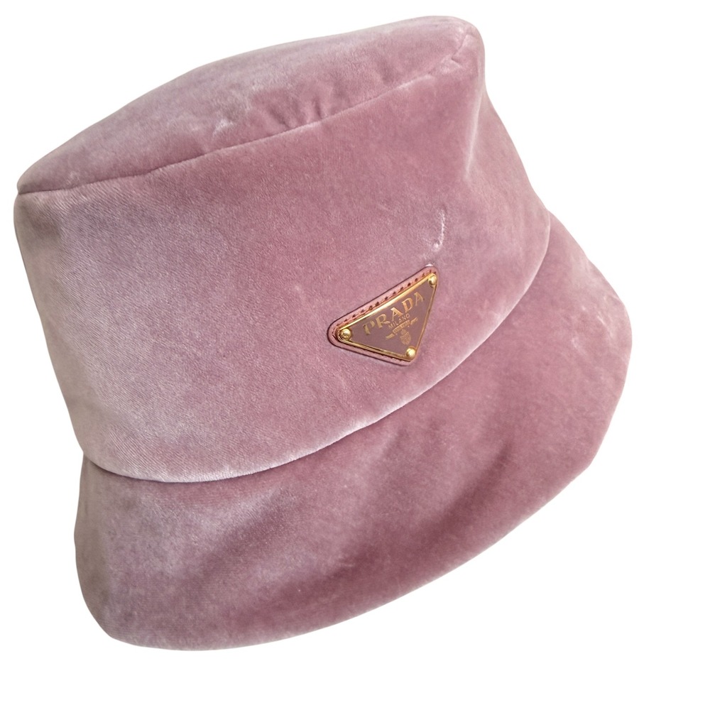 Prada 1HC137 Pink‎ Cotton Velour Bucket Hat Gold Triangle Logo Size Sm